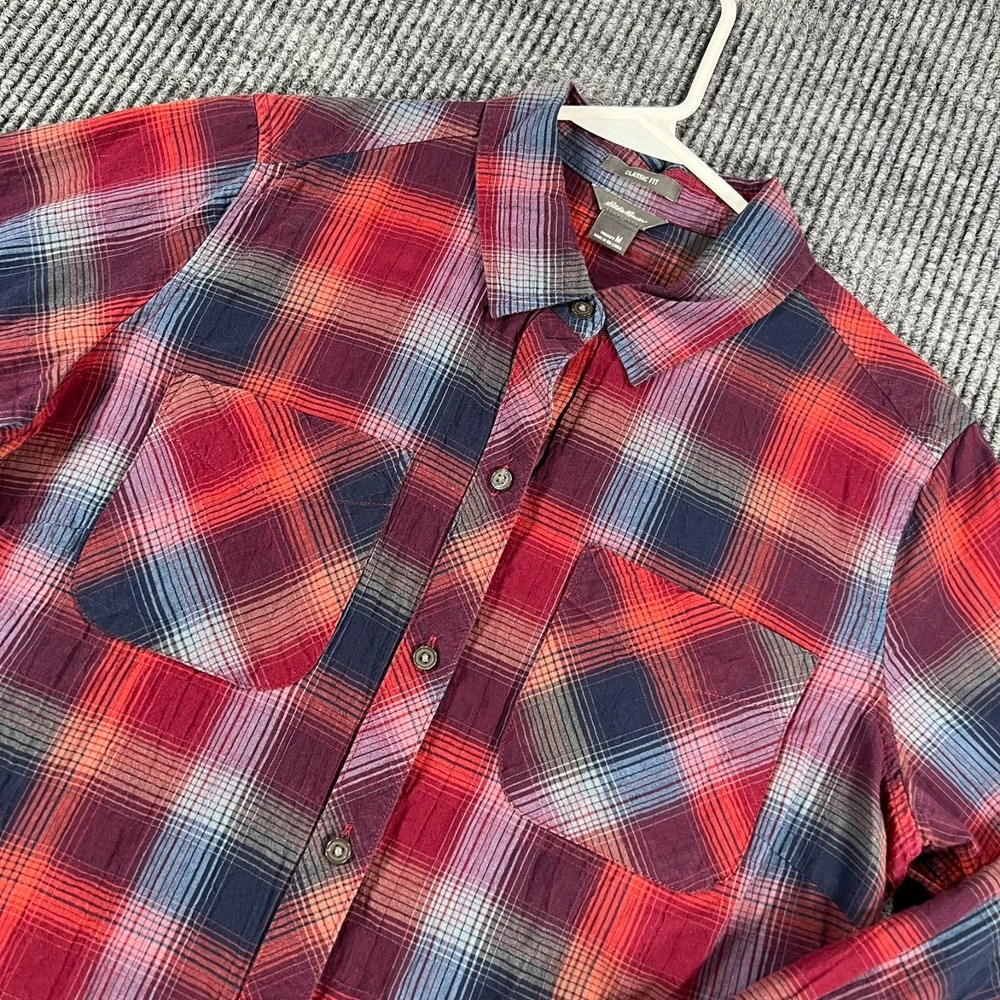 Eddie Bauer Shirt Womens Medium Red Plaid Long Sleeve Button Up Classic Fit